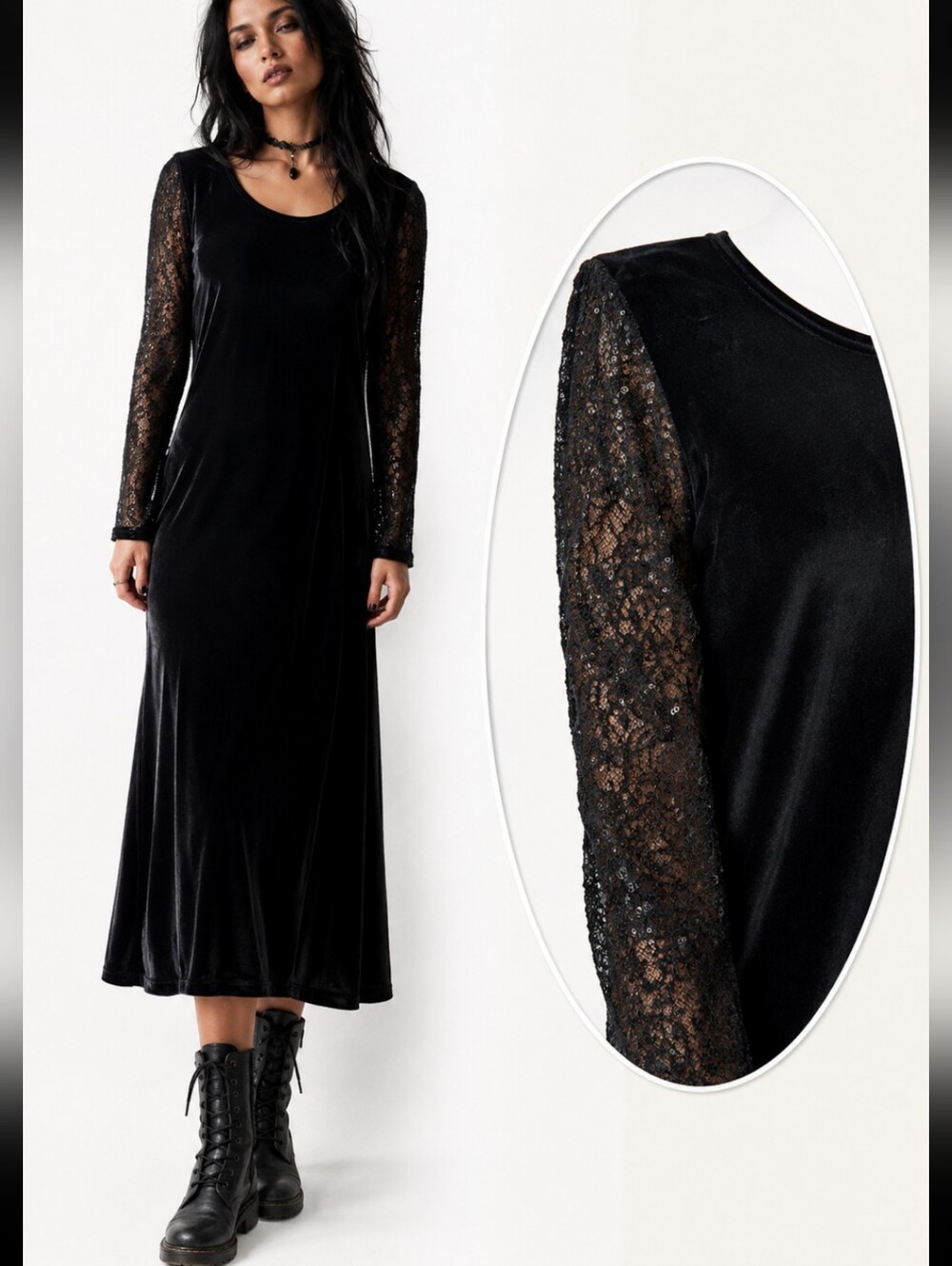 Vtg. 90s Carole Little Black Velvet Long Dress Semi Sheer Long Sleeves Sz L